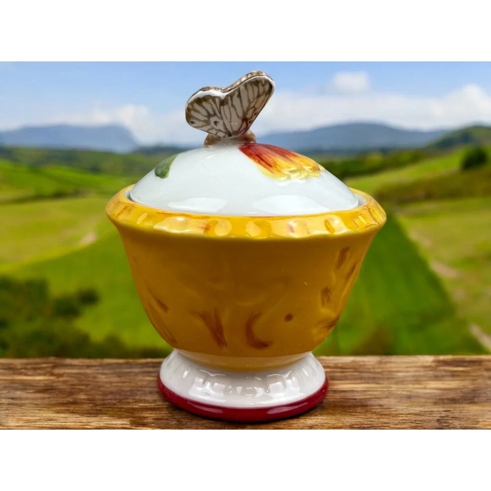 Fitz & Floyd Sugar Dish Bowl Flower Market Yellow Red White Butterfly